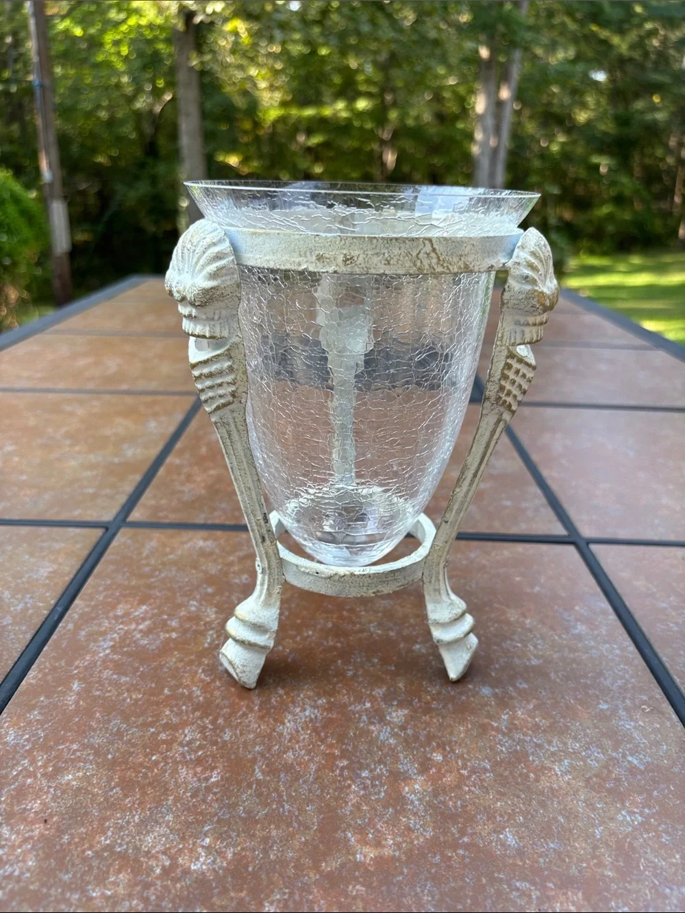Decorative Clear Crackle Glass Vase/Candle Holder Distressed White Metal Stand